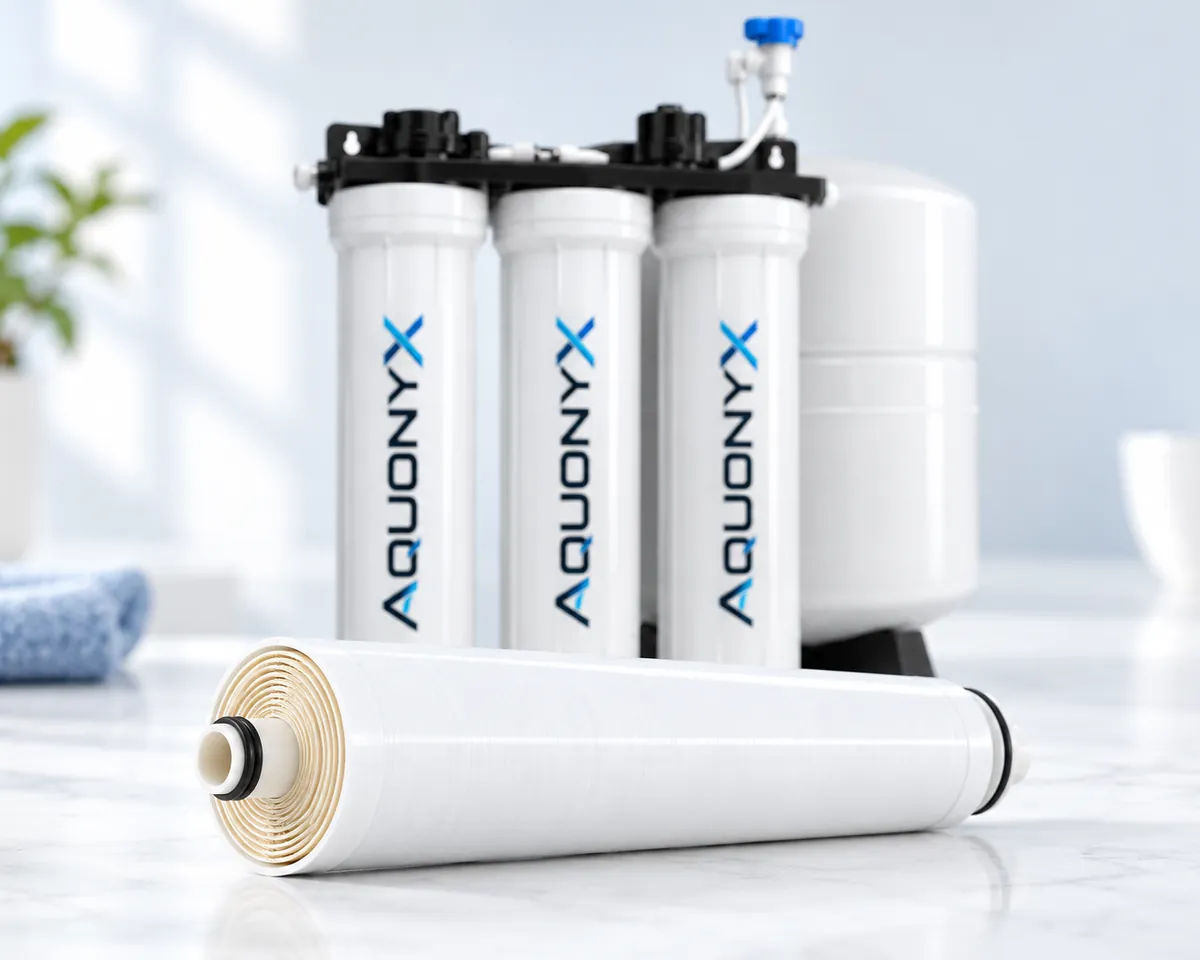 Illustration: A spiral-wound reverse osmosis membrane element (a white cylinder) on a seamless white background, product shot