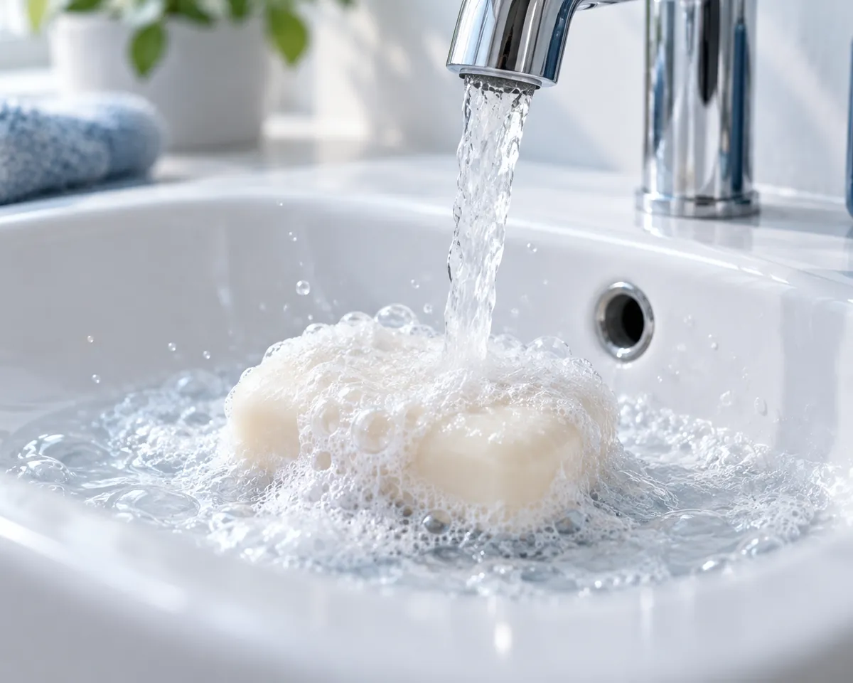 Illustration: A bar of soap building a thick lather under running water in a white ceramic sink