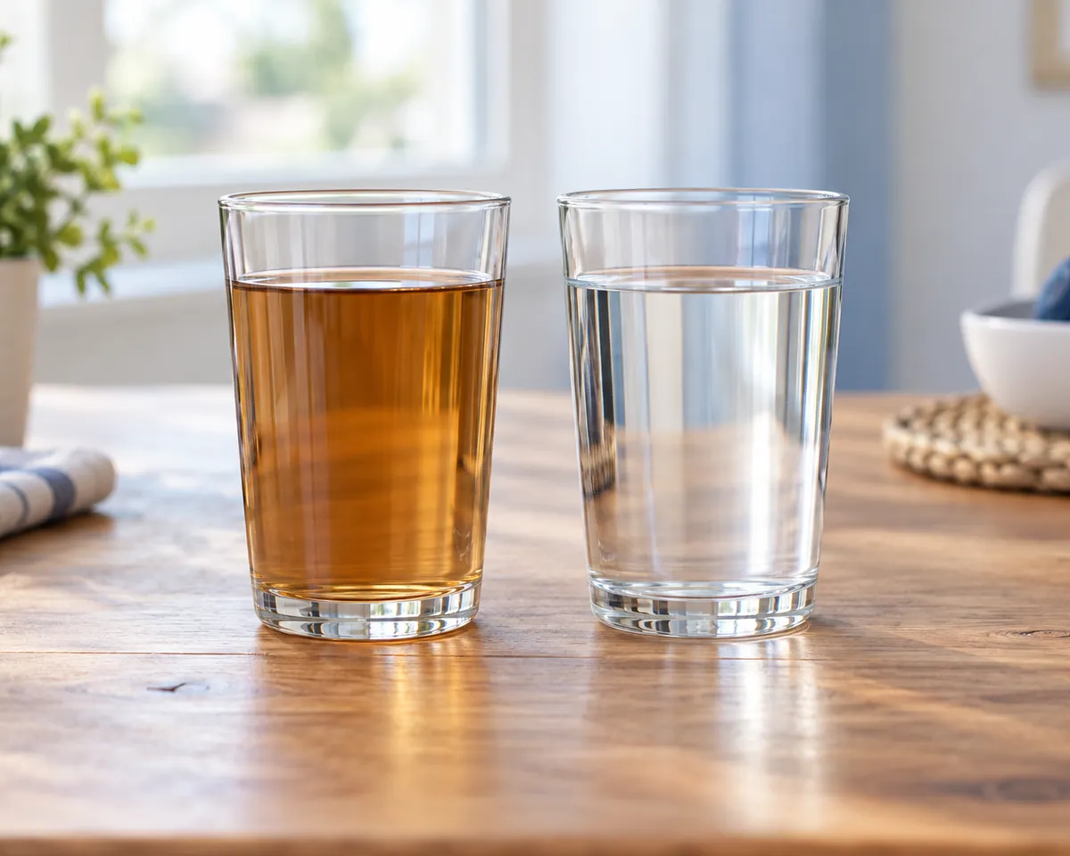 Illustration: A glass of tea-colored (tannin-stained) well water next to a glass of clear water on a wooden table, window light