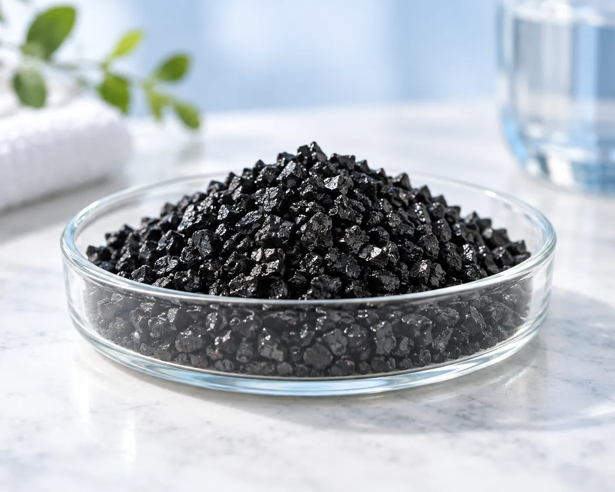 Illustration: Glossy black catalytic carbon granules in a shallow glass dish, macro, soft light