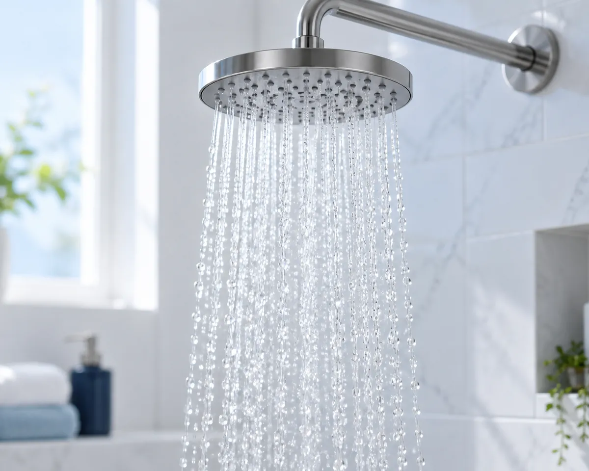 Illustration: Water streaming from a modern shower head, backlit droplets, bright white bathroom, no people